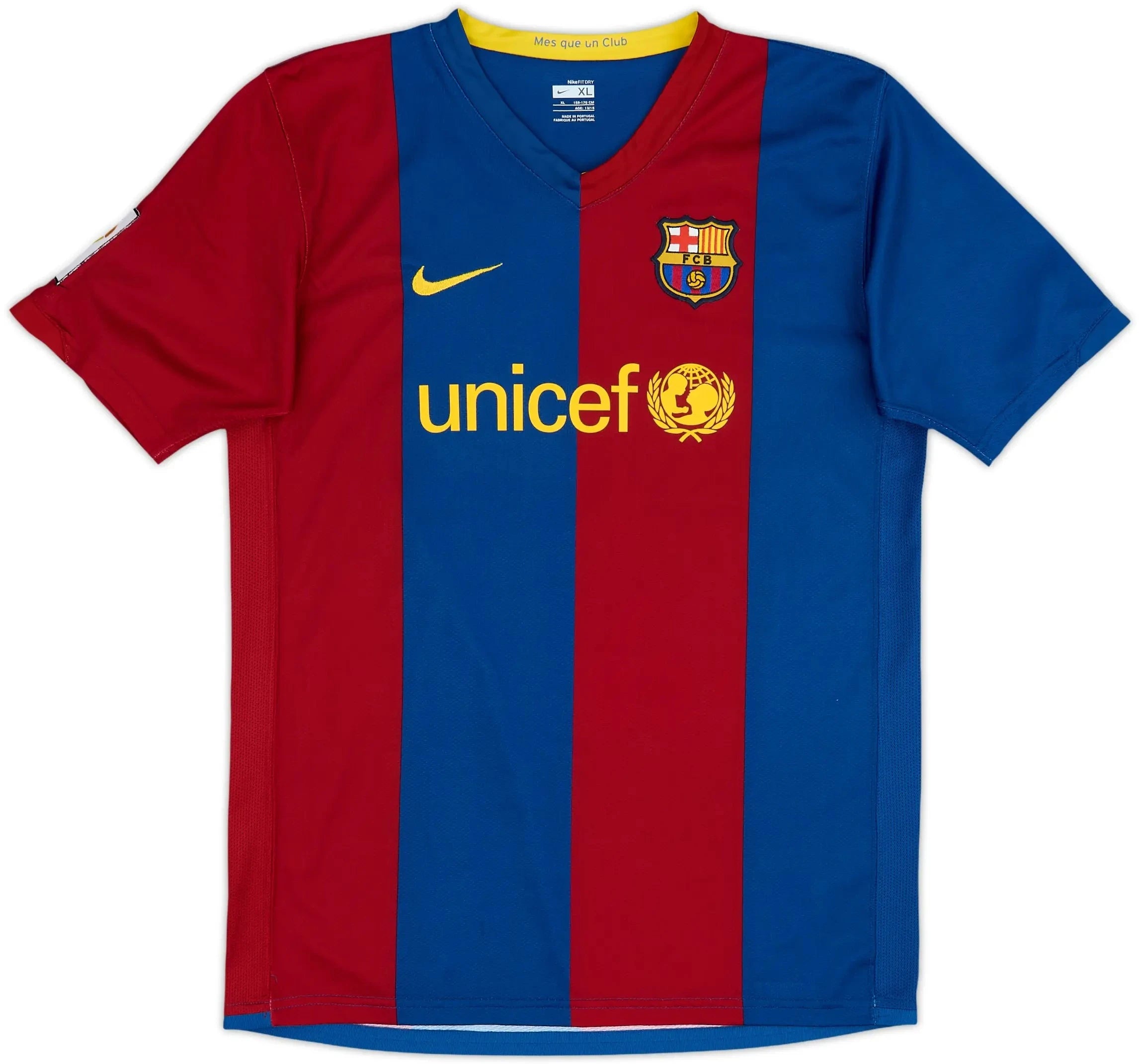 2006-07 barcelona home vintage shirt messi 19 front view wide stripes unicef logo