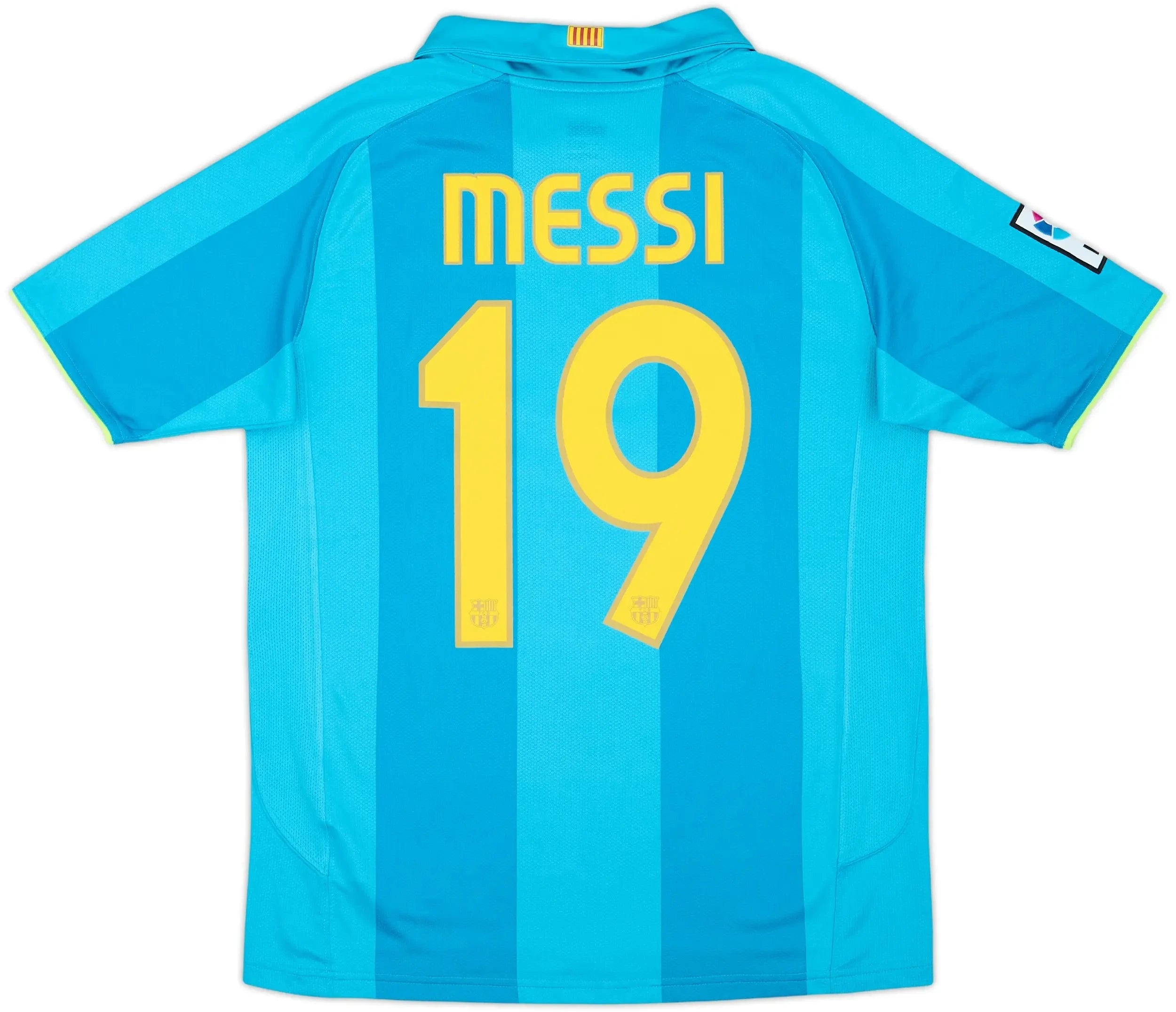 2007-09 barcelona away vintage shirt messi 19 front view tourmaline blue design