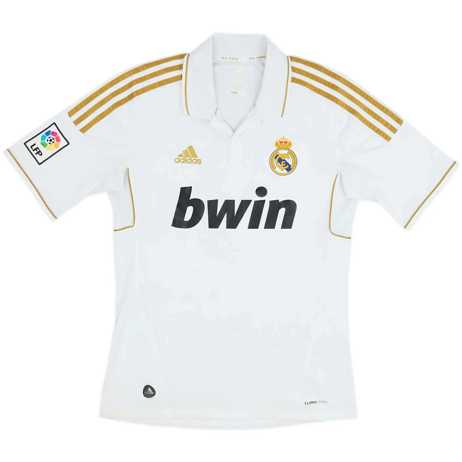 2011 12 real madrid home vintage shirt front view white gold bwin sponsor polo collar