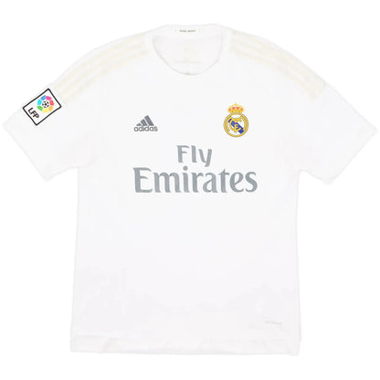 2015 16 real madrid home vintage shirt front view white silver accents fly emirates