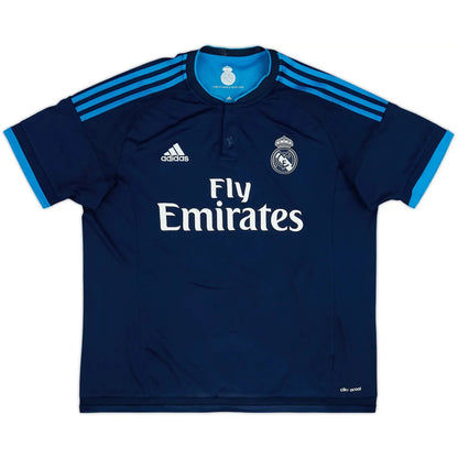 2015 16 real madrid third vintage shirt front view dark indigo electric blue accents fly emirates monochromatic crest