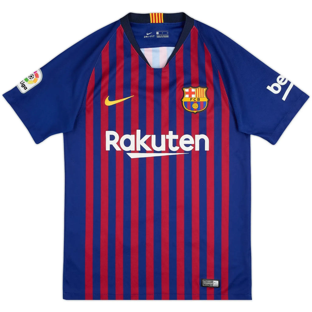 2018-19 barcelona home vintage shirt front view 10 vertical stripes messi 10