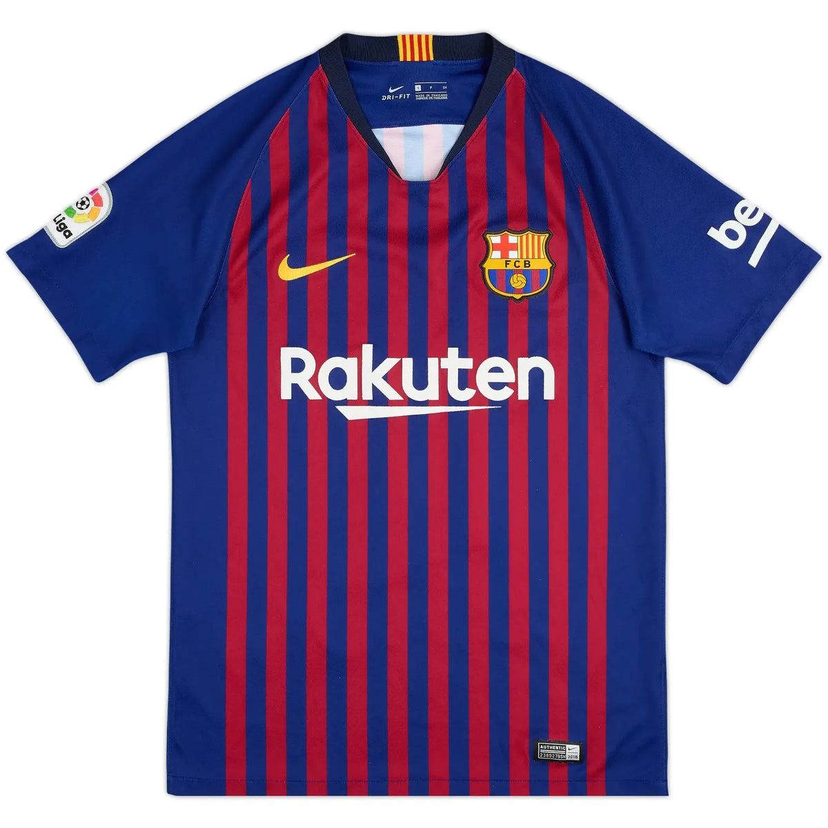 2018-19 barcelona home vintage shirt front view 10 vertical stripes messi 10