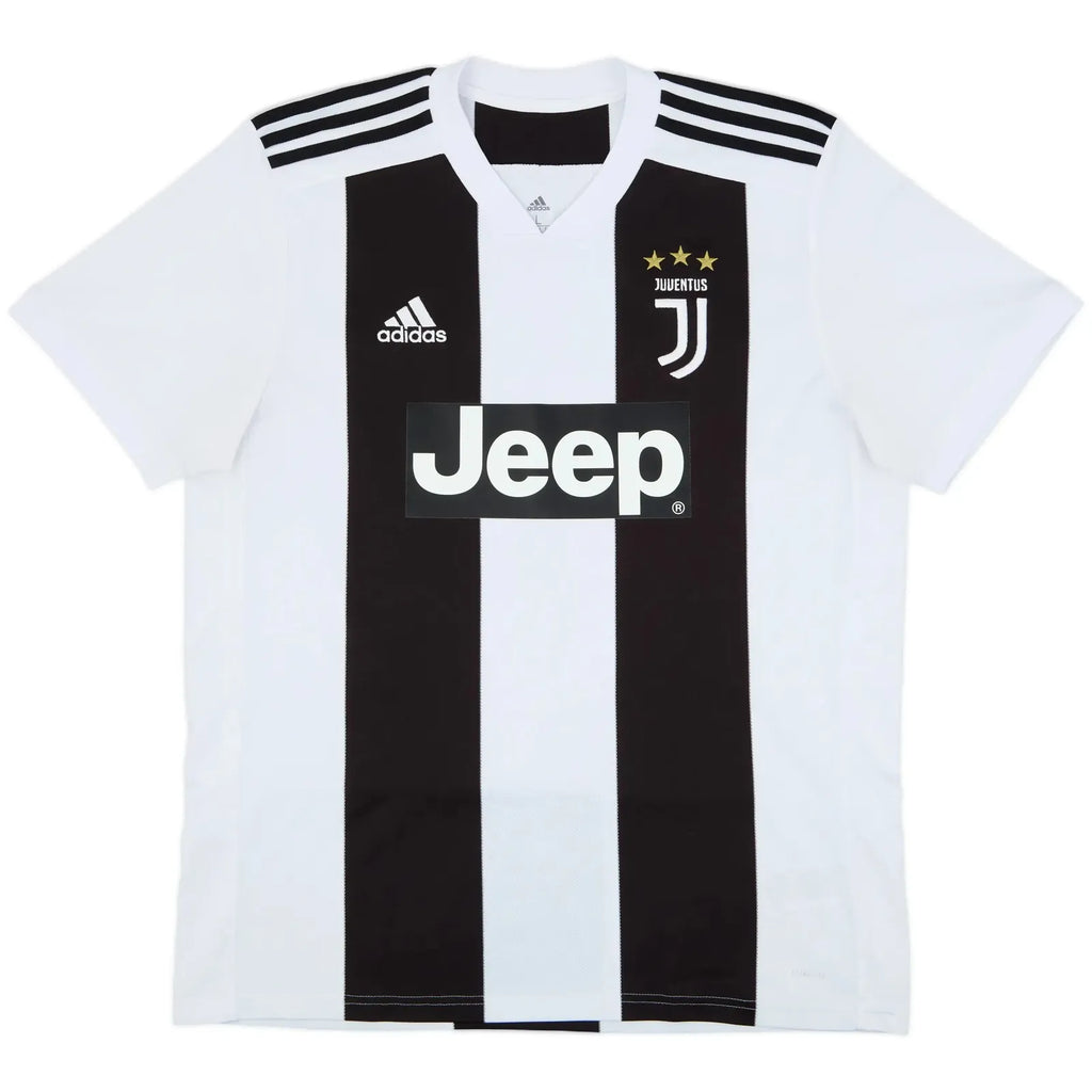 2018 19 juventus home vintage shirt front view black white wide stripes jeep sponsor modern j crest