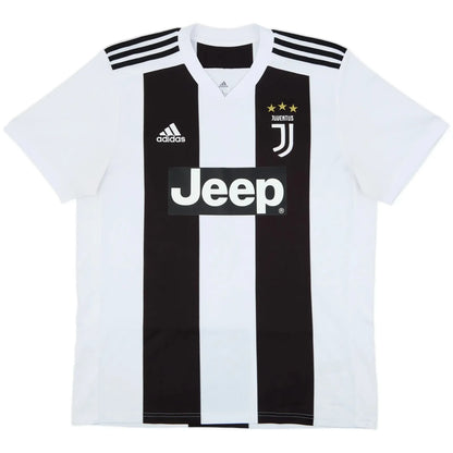2018 19 juventus home vintage shirt front view black white wide stripes jeep sponsor modern j crest