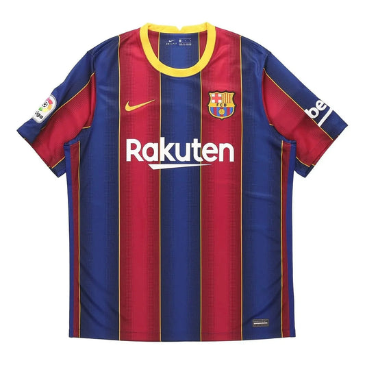 2020-21 barcelona home retro kit front view with classic red and blue stripes and yellow collar