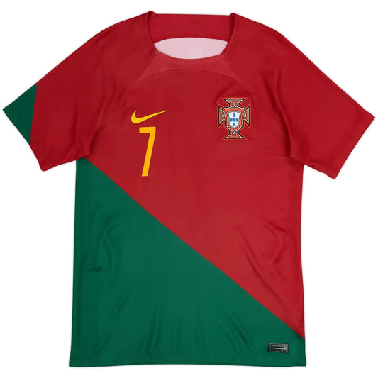 2022 23 portugal home vintage shirt front view diagonal red green half split flag design number 7 on chest