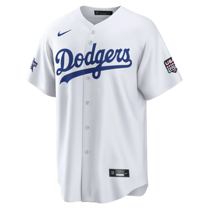 2026 all star game los angeles dodgers white replica jersey front view blue script sleeve patches