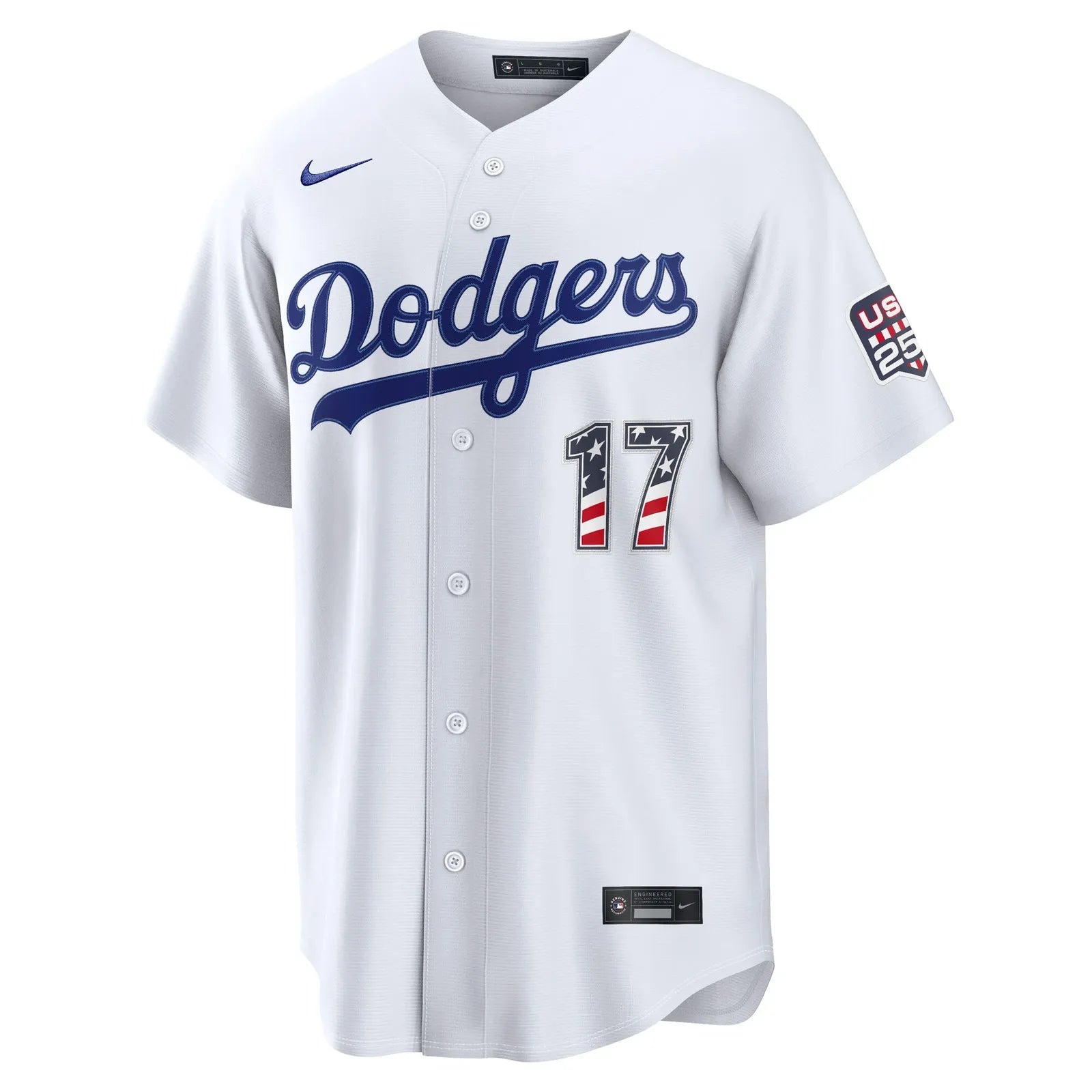 fourth of july los angeles dodgers white usa 250 stadium jersey front view patriotic details usa 250 sleeve patch