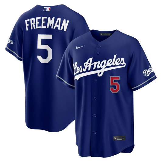 freddie freeman los angeles dodgers alternate royal blue stadium jersey front and back display