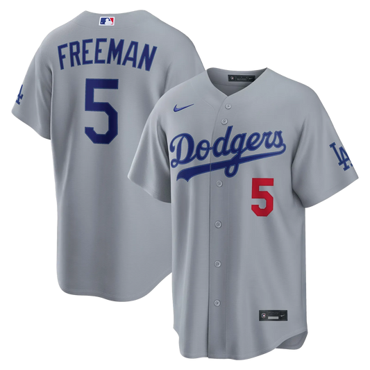 freddie freeman los angeles dodgers road gray stadium jersey front and back display