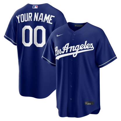 los angeles dodgers alternate royal blue replica custom jersey front and back display